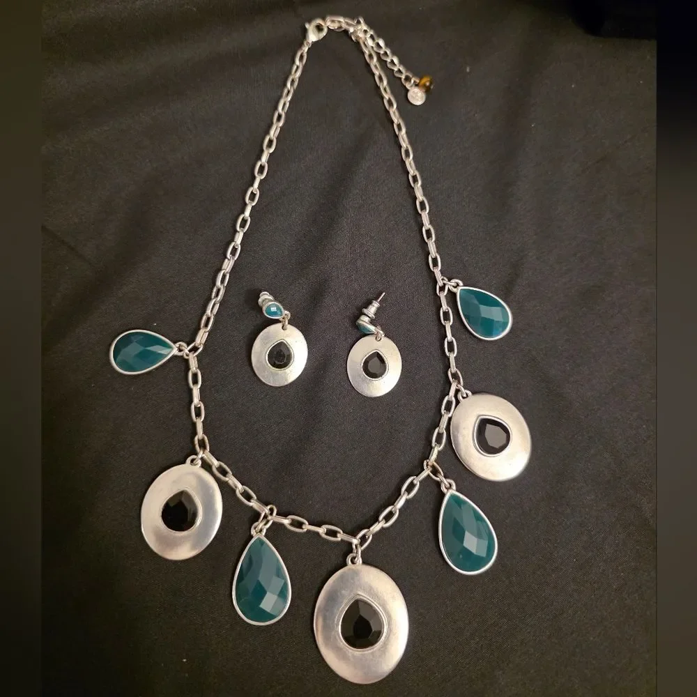 Silver-Tone Necklace and Matching Earring Set featuring striking teal and black